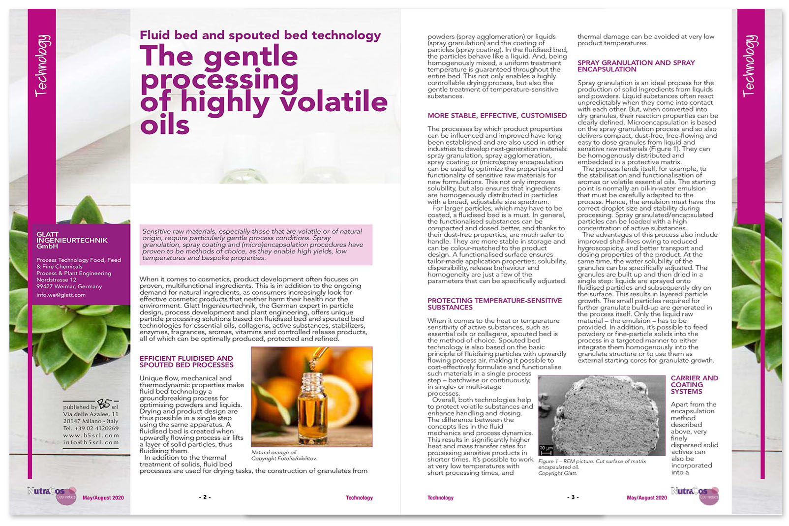 Glatt's technical article on 'Fluid bed and spouted bed technology-The gentle processing of highly volatile oils', published in the trade magazine 'NutraCos InCosmetics', issue 05.2020, B5 S.r.l., Italy