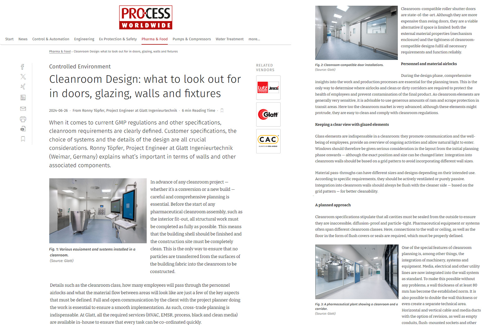 Glatt specialist article on 'Cleanroom Design (Part II). What to look out for in doors, glazing, walls and fixtures', originally published on process-worldwide.com, Vogel Communications Group, June 2024